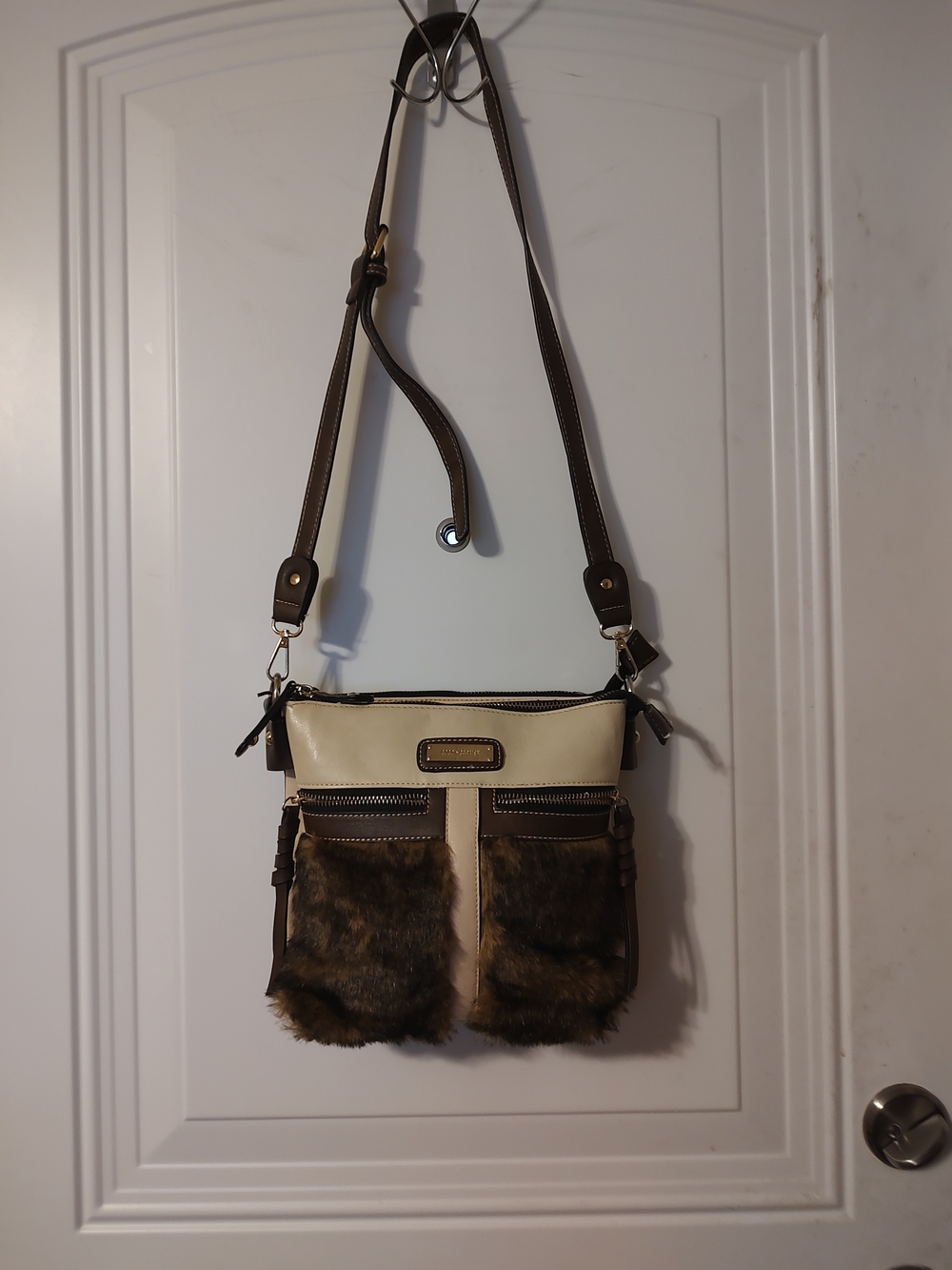 Crossbody Shoulder Bag in Cream and Brown with Fur Accent